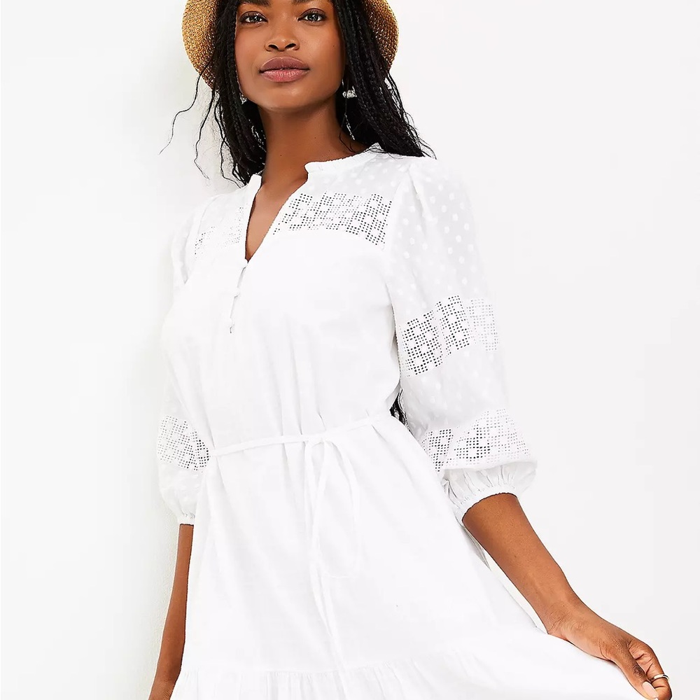 Loft Woman Dotted Lace Trim Flounce Swing Dress White Petite XXS